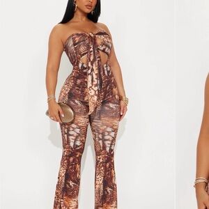 Fashion Nova Brown Patterned Strapless Jumpsuit